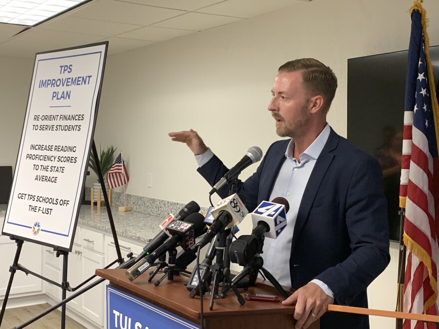 Oklahoma State Superintendent Ryan Walters speaks to reporters on Monday, Aug. 7, 2023, at the Tulsa County Republican Party headquarters.