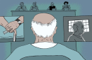 Illustration of prisoner facing parole panel.