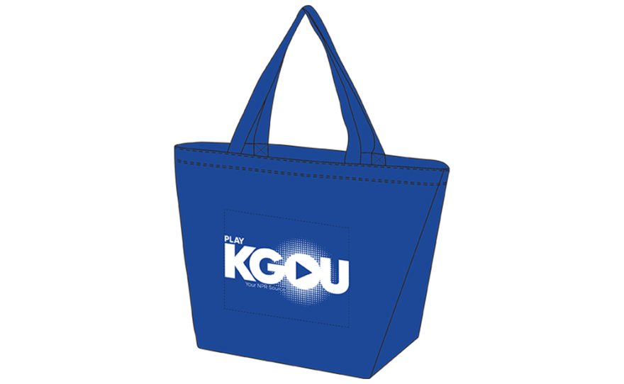 Large royal blue tote bag with Play KGOU Your NPR Source printed in white lettering