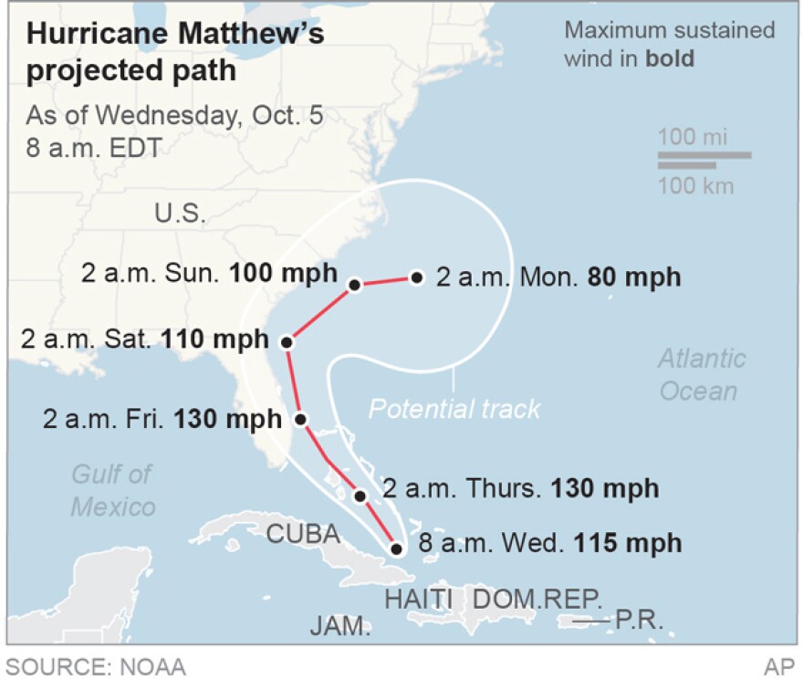 Map locates Hurricane Matthew’s potential path; 2c x 2 1/2 inches; 96.3 mm x 63 mm;