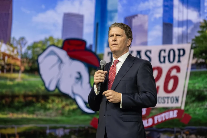 Bo French, Republican candidate for Railroad Commissioner, speaks at the second general assembly of the 2026 Texas State Republican Convention on June 12, 2026 in Houston.