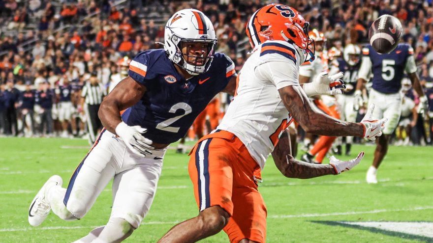 Syracuse wide receiver Umari Hatcher (2, White) dives for a touchdown catch in Syracuse’s loss to Virginia Saturday.