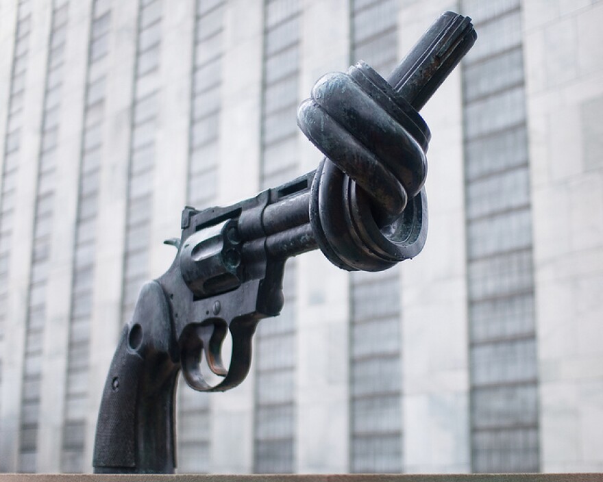 Picture of a sculpture at the United Nations headquarters in New York City taken in 2010.