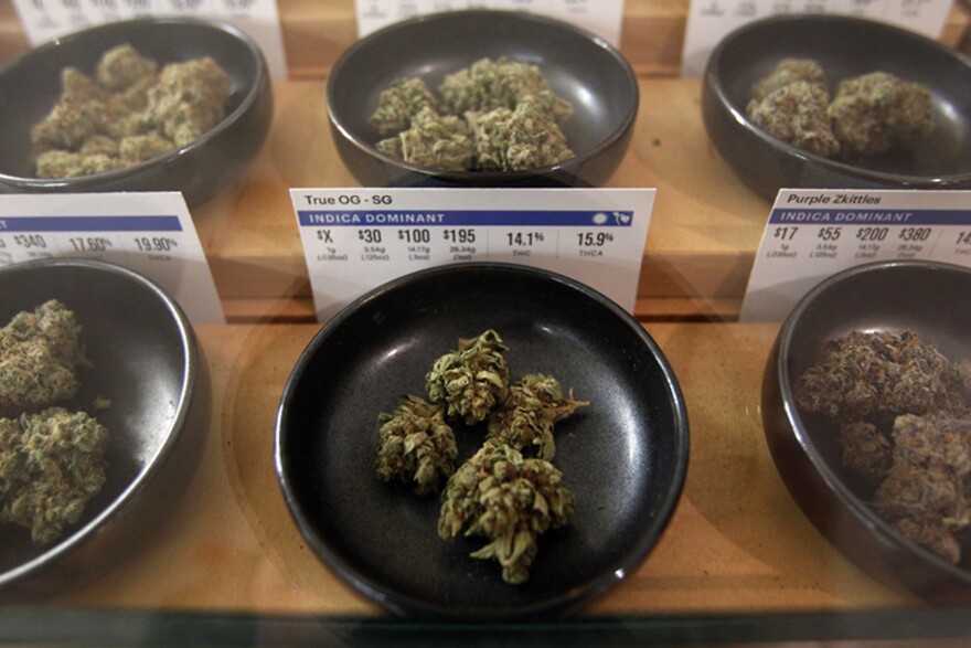 This Jan. 1, 2018 photo shows marijuana on display at Harborside marijuana dispensary in Oakland, Calif. 