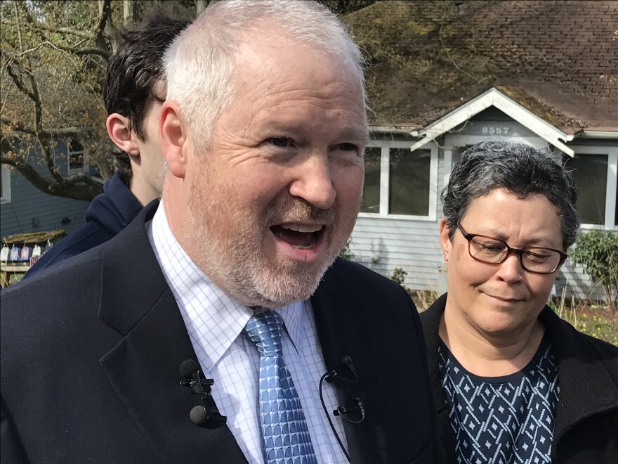 Mike McGinn announces his candidacy for mayor outside his home in Seattle's Greenwood neighborhood.