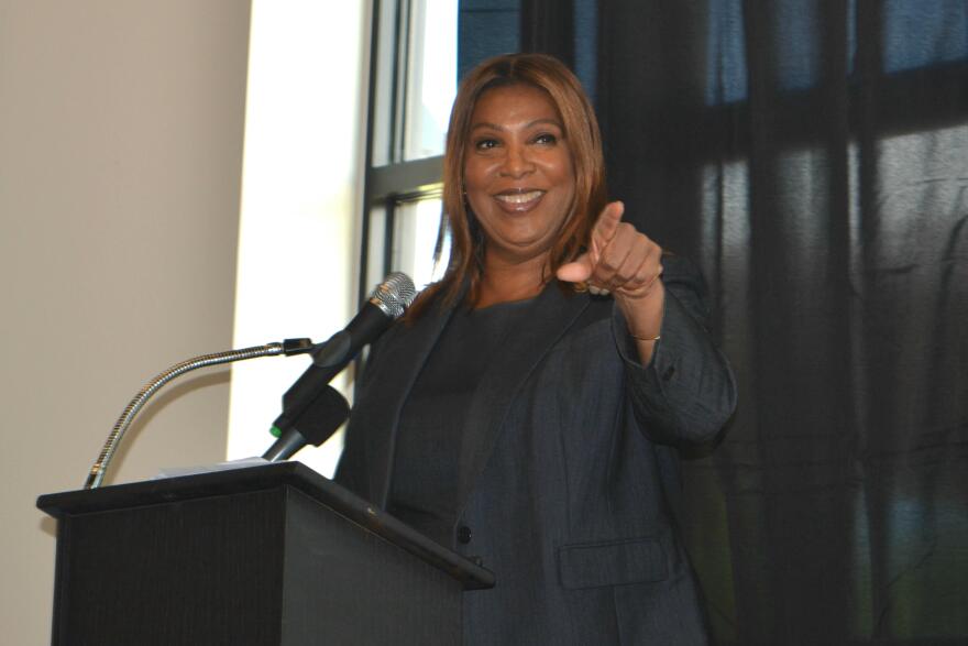 N.Y. Attorney General Letitia James speaks at a fundraiser for the Oswego County Democratic Party in Oswego June 16.