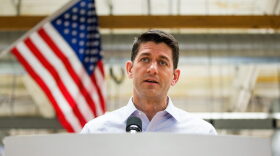 House Speaker Paul Ryan (R-Wisc.) meets with the media during a visit to the New Balance shoe factory on July 20, 2017 in Lawrence, Mass. (Adam Glanzman/Getty Images)