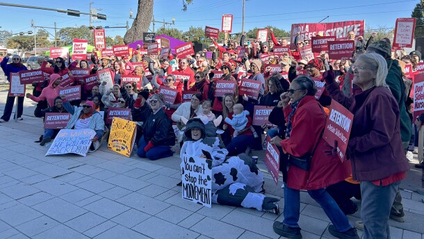 UMC Nurses gather outside the hospital on Tuesday, November 11, 2025, in New Orleans. The nurses are striking for three days, asking hospital administrators to negotiate new staff contracts that prioritize staff retention, which they say can improve patient care and safety.