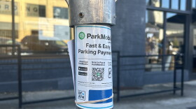 A parking meter pole downtown, missing its aluminum zone number sign.