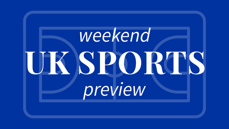 Blue background with semi-transparent outline of basketball court lines. Words in white: WEEKEND UK SPORTS PREVIEW