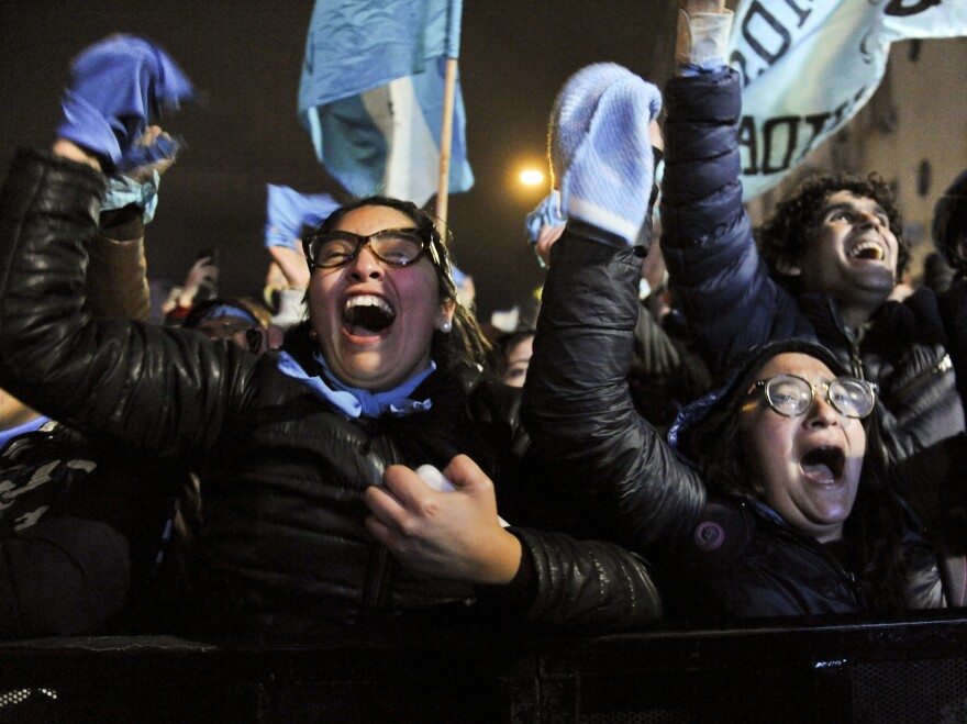 Demonstrators against decriminalizing abortion celebrate outside the national Congress building in Buenos Aires on Thursday.