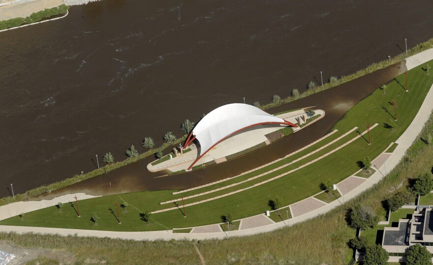 The McGrath Amphitheatre in Cedar Rapids, Iowa, takes on water Sept. 26, 2016. It was one of the city's early flood control projects after the epic 2008 flood, a project doubling as a flood wall and a community space.