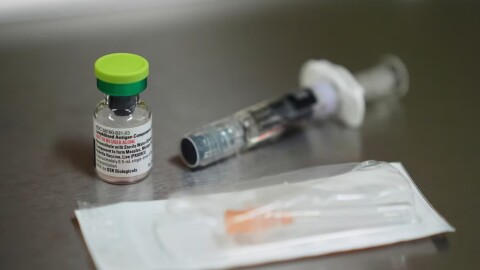 FILE - A vial of the measles, mumps and rubella (MMR) vaccine is pictured at International Community Health Services, Wednesday, Sept. 10, 2025, in Seattle.
