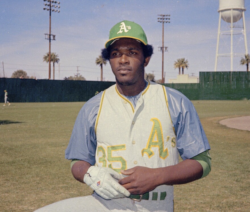 This 1976 file photo shows Oakland A's Vida Blue, the hard-throwing left-hander who became one of baseball's biggest draws in the early 1970's and helped lead brash Oakland Athletics to three straight World Series titles. Blue has died. He was 73. The A's said Blue died Saturday, May 6, 2023 but did not give a cause of death.