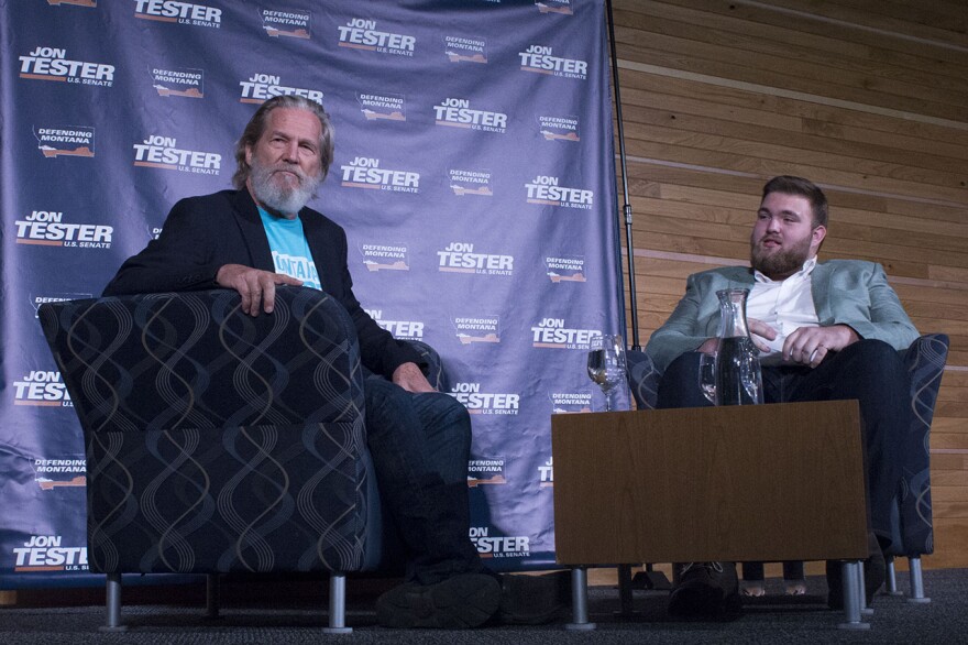 Jeff Bridges speaks with Richard Wagner, the ASMSU Political Action Director at the campus of Montana State University in Bozeman, October 17, 2018.