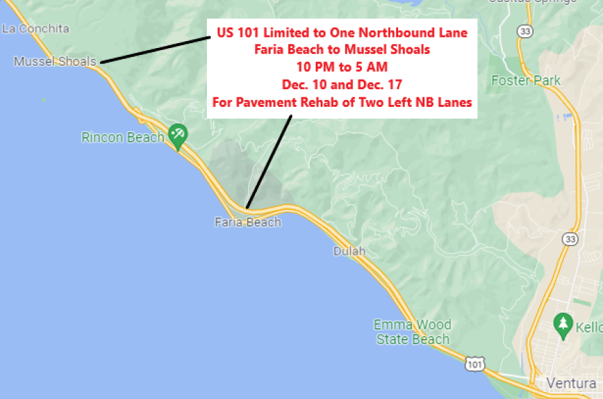 Caltrans officials say part of a repaving project on Highway 101 could mean traffic delays on two Friday nights between Ventura, and Santa Barbara counties.