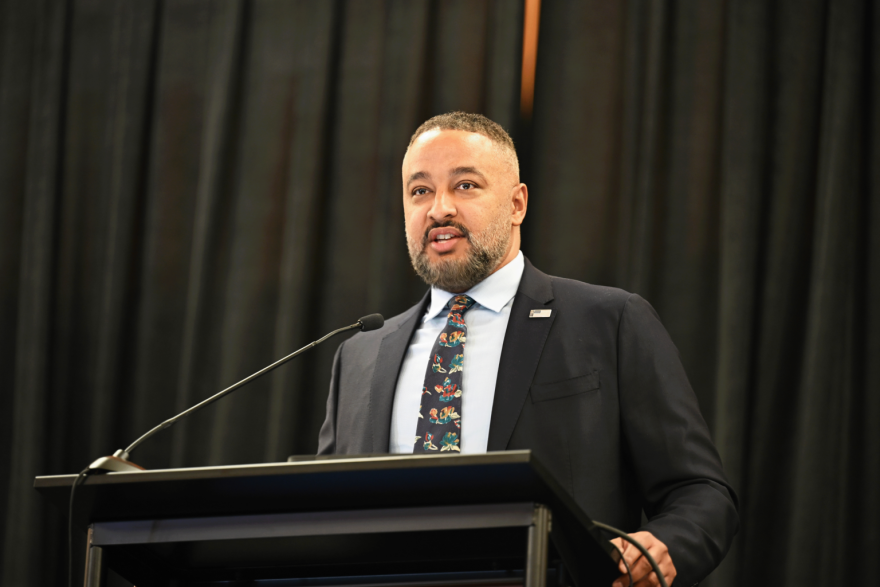 Keynote speaker American Civil Liberties Union of New Mexico Director Leon Howard marked Martin Luther King Jr. Day with a speech on “the urgency of now” at the Jan. 19, 2025 MLK brunch in Las Cruces. (Leah Romero for Source New Mexico)