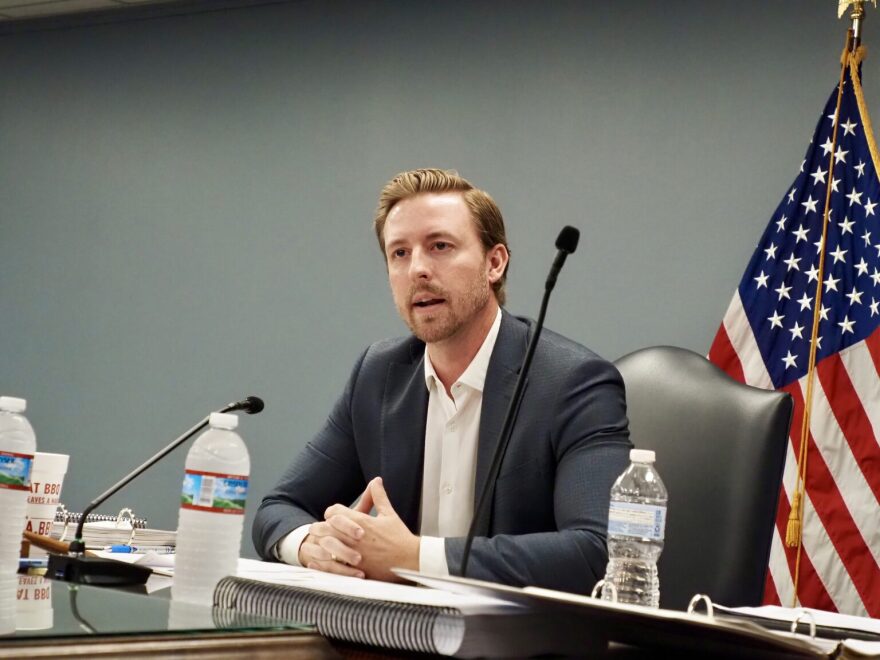 State Superintendent Ryan Walters speaks at an Oklahoma State Board of Education meeting on April 25, 2024, in Oklahoma City.