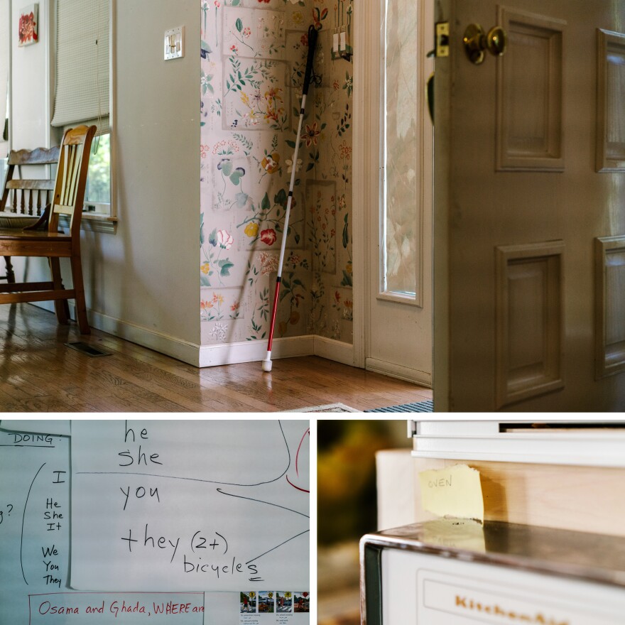 (Top) Osama's cane stands next to the door, ready for a walk. (Left) Some of the English-language signs that adorn the walls of the room in their house, where ESL classes take place each day. (Right) One of many small post-its stuck to appliances throughout the house, labeling things with their English names to help the family learn.
