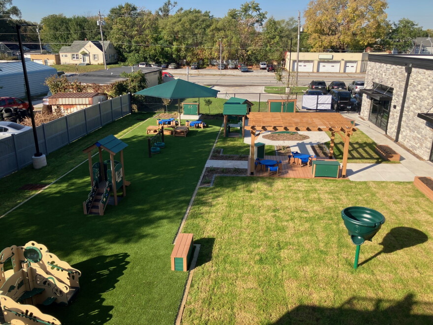 A view of the large playground area from the second-floor roof garden at the new SAL Community Services Rock Island center.