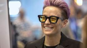 Megan Rapinoe talks with Here & Now's Peter O'Dowd. (Robin Lubbock/WBUR) 