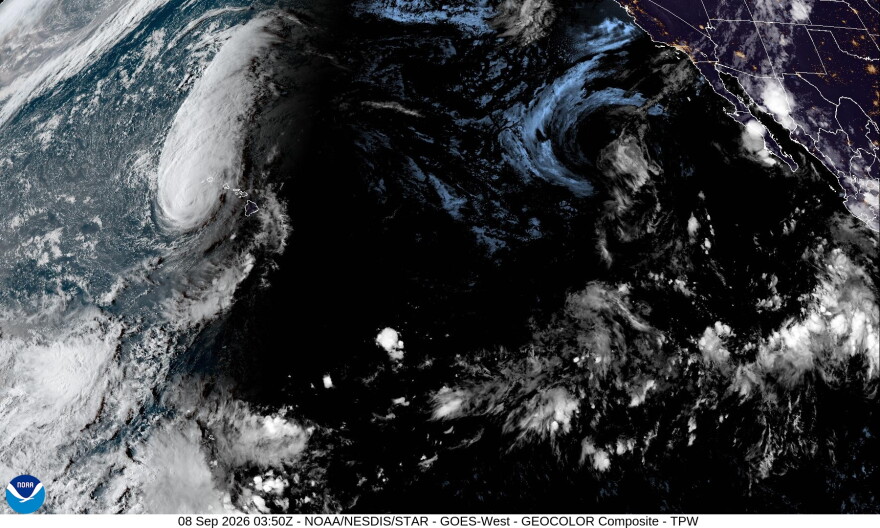 A satellite image shows Hurricane Lowell moving closer to the state on the evening of Monday, Sept. 7, 2026.