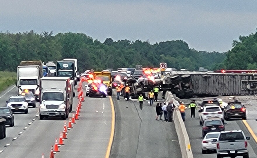 A tractor-trailer rollover crash on Interstate 87 on May 23, 2024.