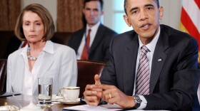 President Obama meets with congressional leaders at the White House as then-House Speaker Nancy Pelosi listens. Both the president and Pelosi said publicly that Anthony Weiner should resign following a sex scandal.