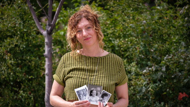 Salt Lake City-based artist Cara Despain holds photos of her mother Bonnie, Aug. 26, 2026. Bonnie Despain grew up in southern Utah 130 miles from the Nevada Test Site where 100 atmospheric nuclear tests were conducted in the years after WWII. She died in February of ALS, and a fragment of her bones was found to contain an abnormal amount of cesium, which can be formed in a nuclear reaction.