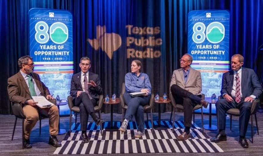 TPR host David Martin Davies, Alamo Colleges District Chancellor Dr. Mike Flores, Leslie Cantu, chair of Workforce Solutions Alamo and vice president of administration at Toyota Tetsu, UT San Antonio President Dr. Taylor Eighmy; and Port San Antonio President and CEO Jim Perschbach.