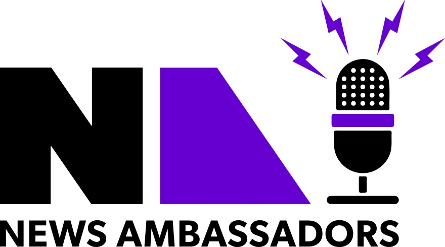 Logo that says "NA" and then "News Ambassadors" underneath with an image of a microphone on the right