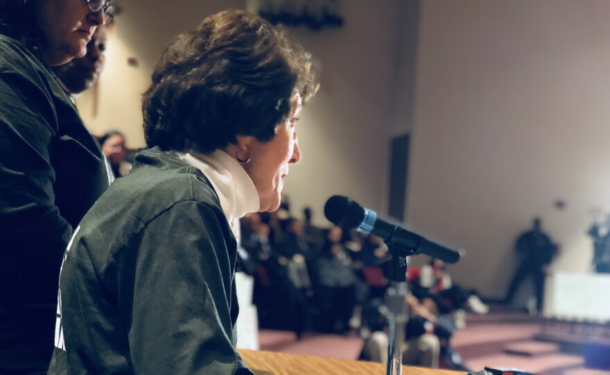 Batchelder educator Patricia Delaney speaks at a public hearing on Hartford school consolidation.