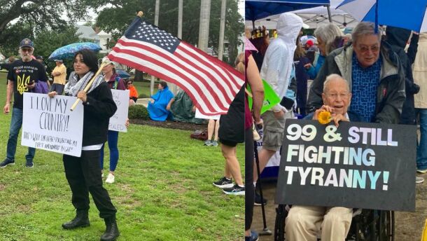 Kia Spiratu, left, age 22, lives in Morehead City but was born in the Philippines. She attended the NO KINGS rally in Beaufort to support immigrant families and to encourage more young people to speak out about Trump administration policies and actions. Don Voyles, right, was the oldest to speak at the NO KINGS event. The 99-year-old World War II Army veteran delivered the Pledge of Allegiance, and then compared what is happening now in the U.S. Government with events in Germany before and during the war he helped fight.