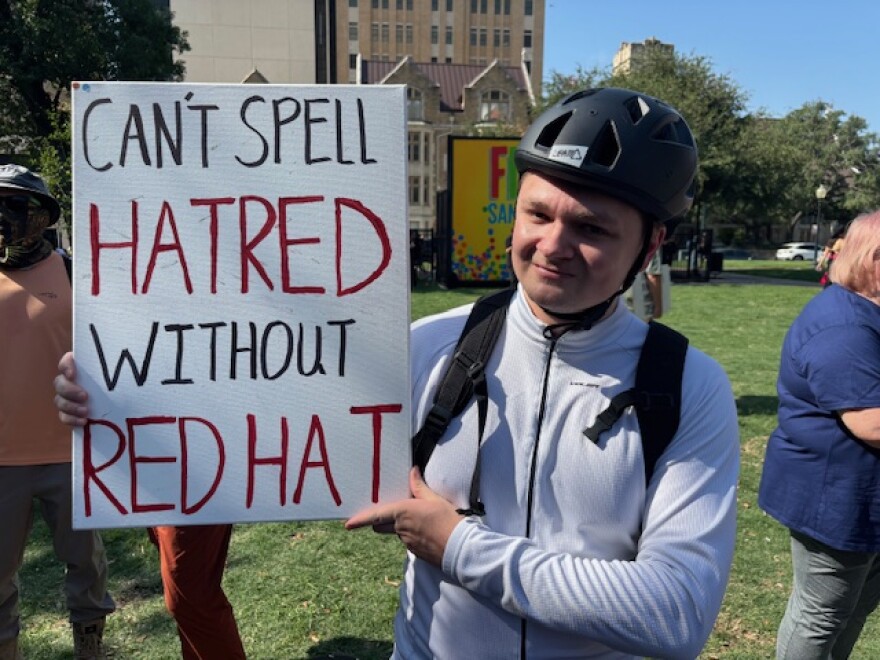At the No Kings protest at Travis Park in San Antonio on June 14, 2025