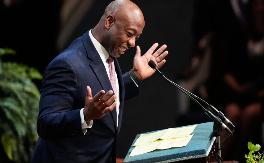 Sen. Tim Scott, R-S.C., speaks during the funeral service for the late Sen. Lindsey Graham, R-S.C., at First Baptist Church in Columbia, S.C., Wednesday, July 29, 2026. (AP Photo/Gerald Herbert)