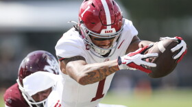 Alabama wide receiver Ryan Coleman-Williams (1) dives for a touchdown against Mississippi State during the first half of an NCAA college football game in Starkville, Miss., Saturday, Oct. 3, 2026. (AP Photo/James Pugh)