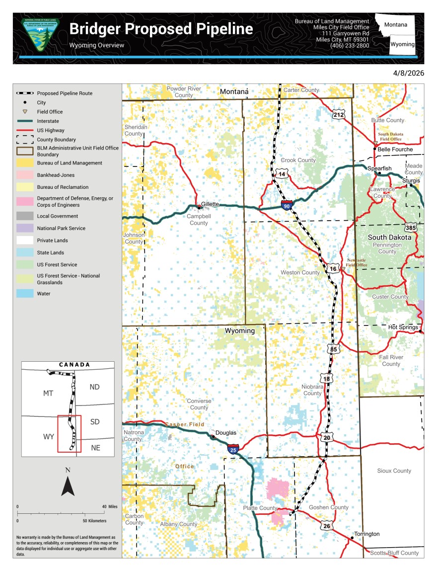 A map showing where a proposed pipeline will go in Wyoming.
