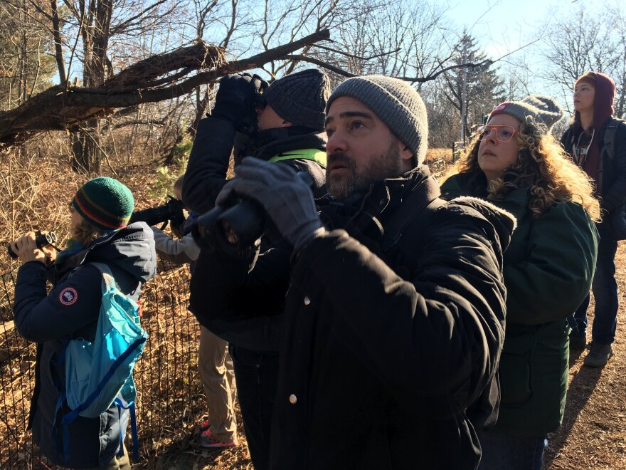 Cyrus Baty, center, Tina Alleva, right, and other members of the Brooklyn Bird Club count birds in Prospect Park on Feb. 16.