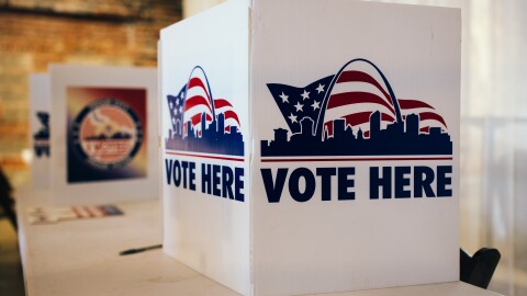 Tables are set out for voters to cast their municipal ballots at Wild Carrot on Tuesday, April 7, 2026, in St. Louis’ Shaw neighborhood.