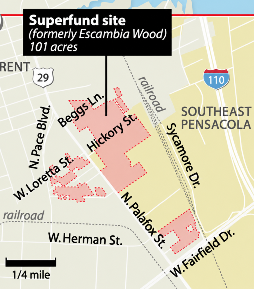 A map published by Inside Climate News on April 25, 2021, shows the former Escambia Wood Superfund site in Pensacola. The property remains part of a long-running environmental cleanup effort.