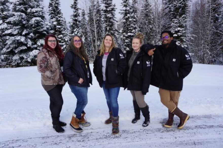 Members of Fairbanks Mobile Crisis Team (left to right) Cassandra Ball, Heather Roberts-Kelley, Mistie Laurence, Jasminne Johnson-Conley, and Troy Jackson. (Anne Hillman/Alaska Public Media)