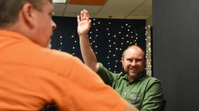 Kyle Rieman welcomes attendees to his watch party on Tuesday at Hexagon Alley in Columbia. Rieman will serve his second term as Boone County auditor.