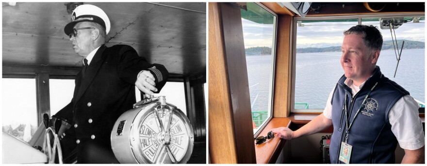 Then and now. At left, Captain Theodore Thorson at the helm of the Tillikum in 1965. At right, Captain Justin McCaughan in the same pilothouse in late September 2026. 