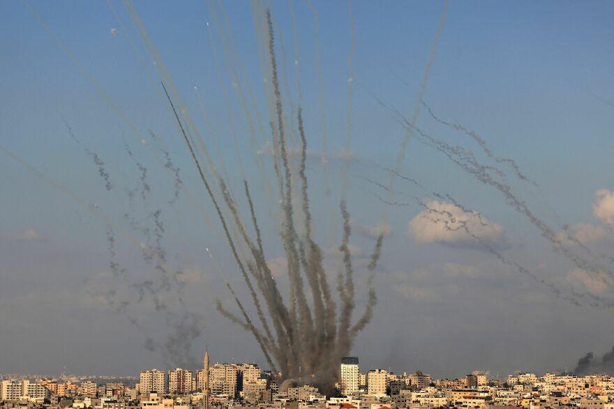 Rockets are fired by Palestinian militants from Gaza toward Israel on Oct. 10.