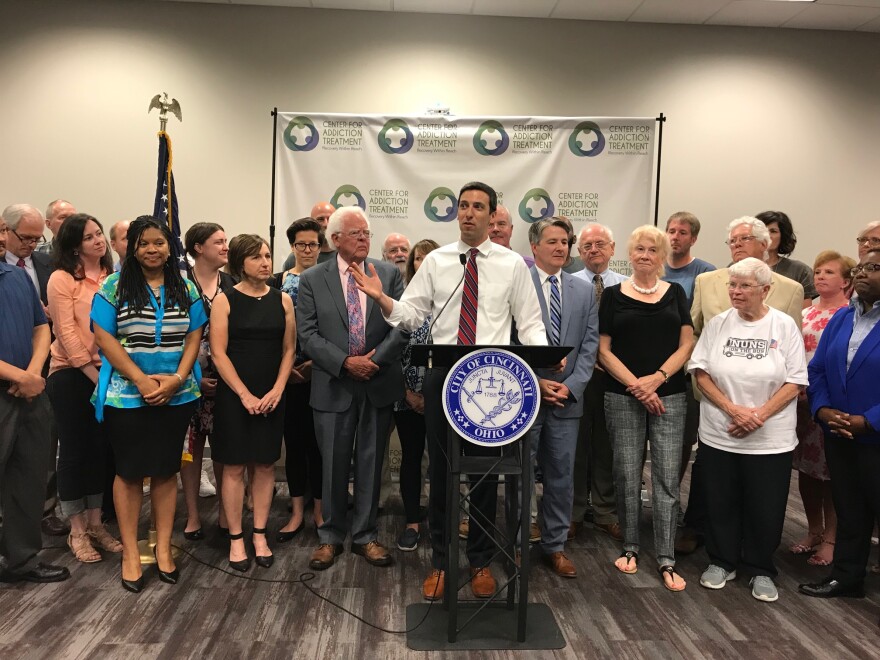 Cincinnati Council Member P.G. Sittenfeld with supporters announces a plan to ask voter to increase an admissions tax to help fund human services groups and neighborhoods in Cincinnati.