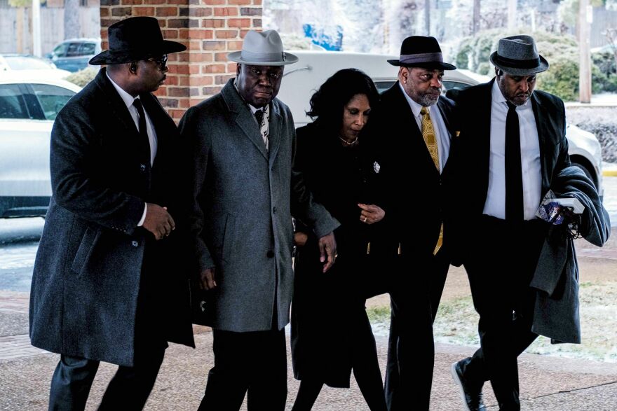 Tyre Nichols' parents, RowVaughn Wells and Rodney Wells arrive with Attorney Ben Crump at the Mississippi Boulevard Christian Church ahead of the funeral service for Nichols, in Memphis, Tenn. on Wednesday.