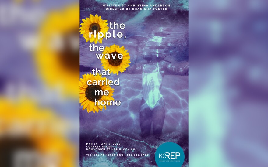 An underwater photograph of a young Black girl shows her partially submerged in a swimming pool. There are three sunflowers layered on the photo with text that reads "the ripple, the wave that carried me home."