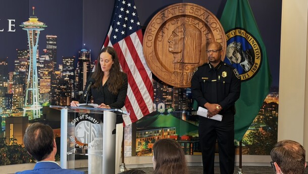 Seattle Mayor Katie Wilson speaks at a podium.