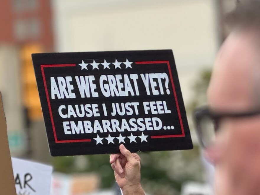 A sign from a protest in downtown Tulsa is seen on June 14, 2025.