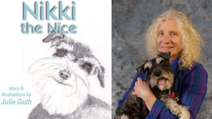 The left side is a picture of a smiling dog and the right side is a blonde woman wearing a blue and purple shirt holding a dog